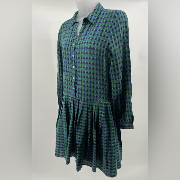 Jamison 100% Silk Shirt Dress with Pockets - Green, Blue & Yellow - Size Small - Picture 1 of 10